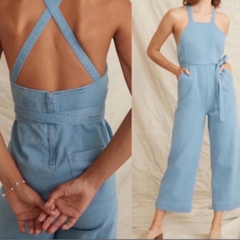 Marine Layer Light Blue Crossback Denim Jumpsuit
